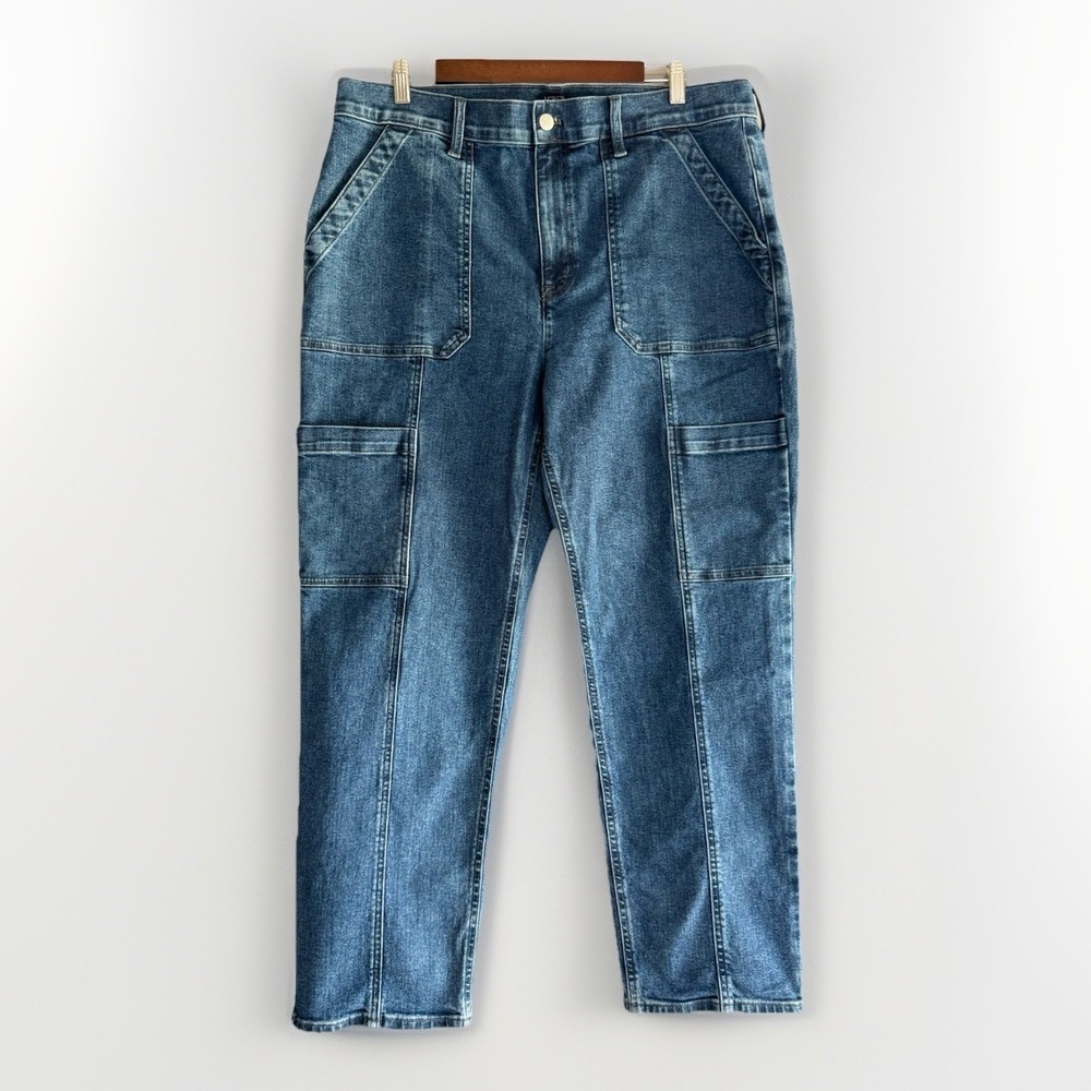 J. Crew Straight Leg Cargo Jean Premium Edition Stretch Pockets Blue Denim 34/18